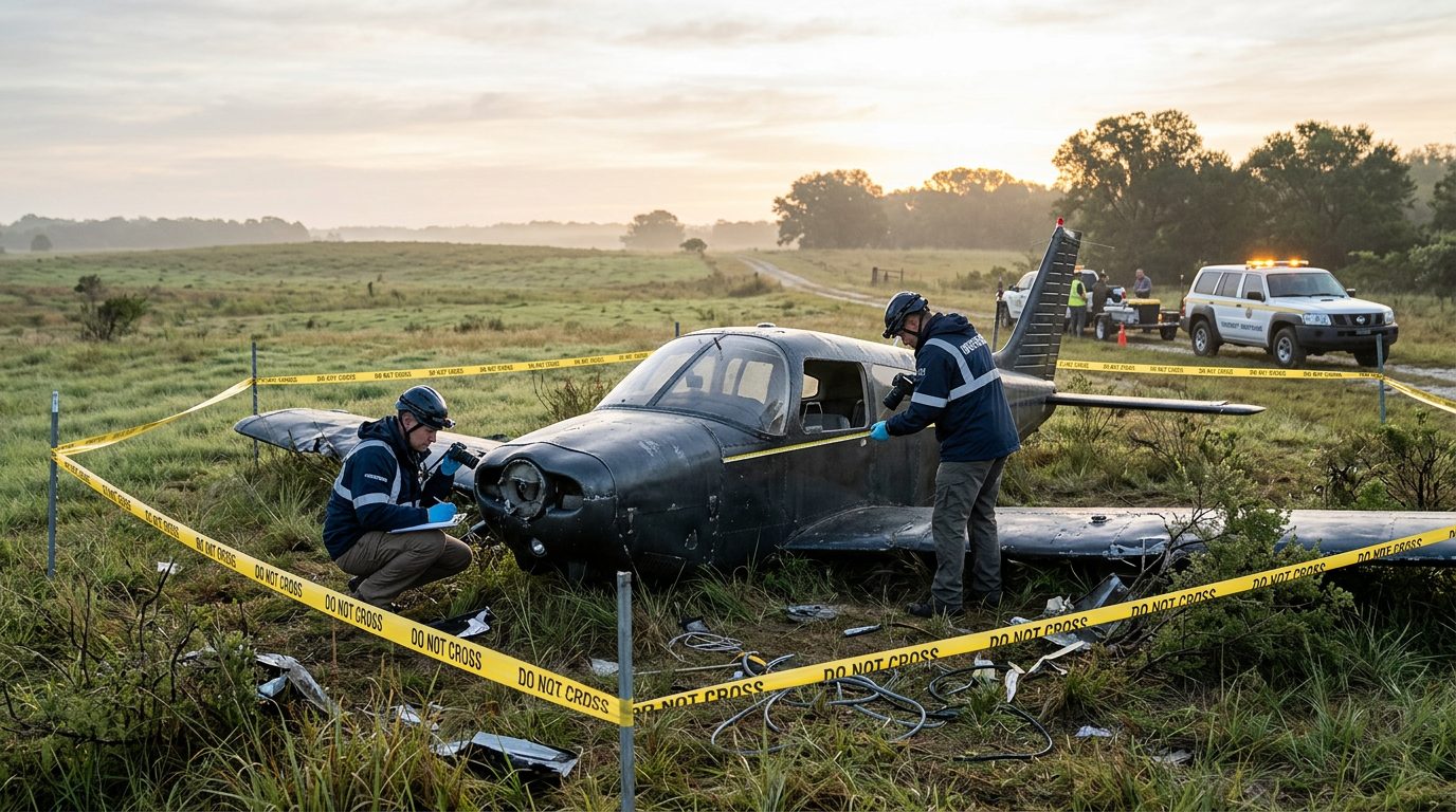 Investigators document small aircraft wreckage in cordoned field at dawn.