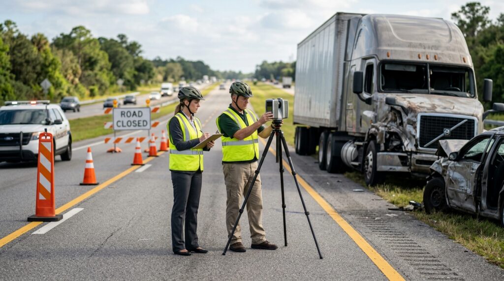 Investigators documenting a commercial truck collision beside a closed highway lane in Florida.