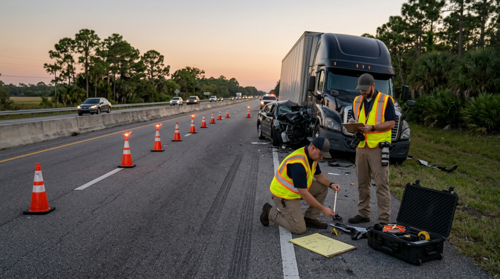 Investigators documenting a commercial truck collision beside a closed highway lane in Florida.
