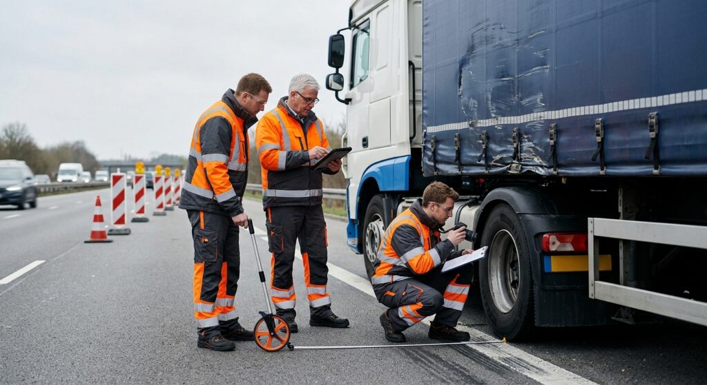 Investigators documenting a commercial truck collision beside a closed highway lane.
