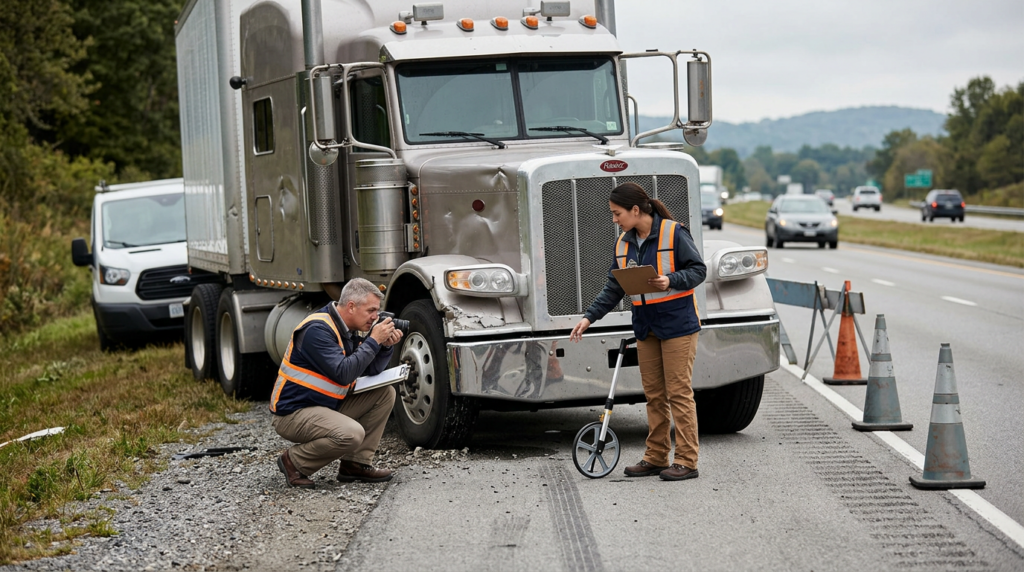 Investigators documenting a commercial truck collision beside a closed highway lane.