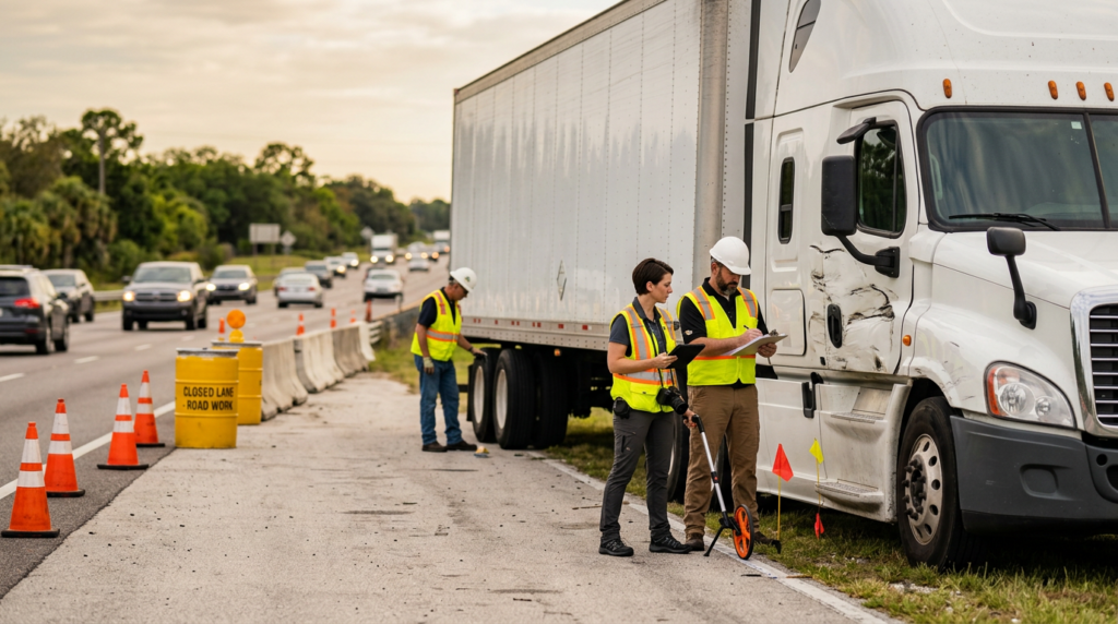 Investigators documenting a commercial truck collision beside a closed highway lane.