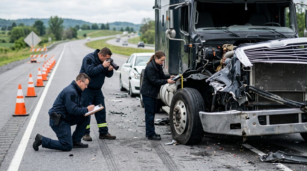 Investigators documenting a commercial truck collision beside a closed highway lane.