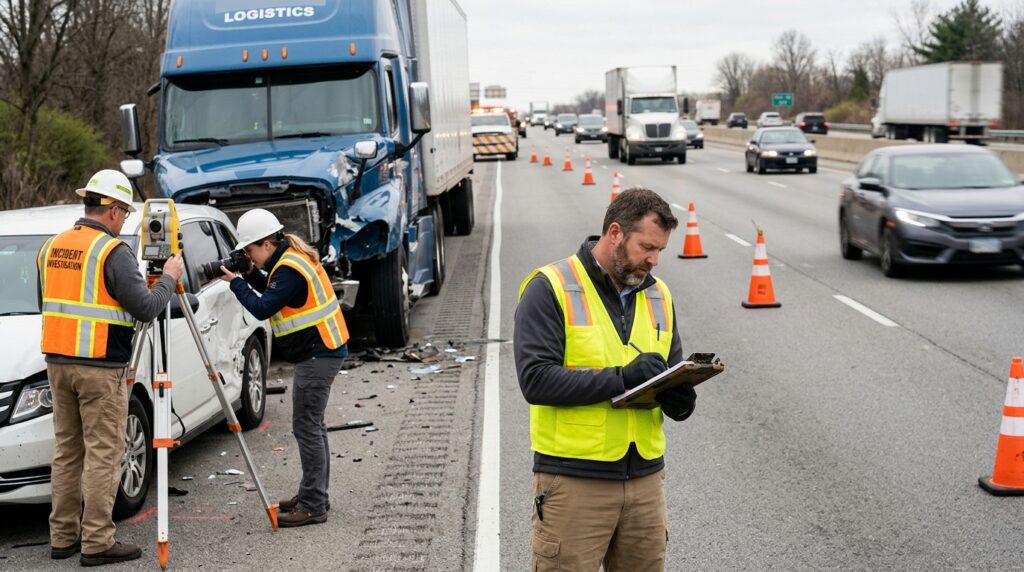 Investigators documenting a commercial truck collision beside a closed highway lane.