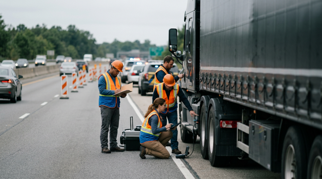Investigators documenting a commercial truck collision beside a closed highway lane.