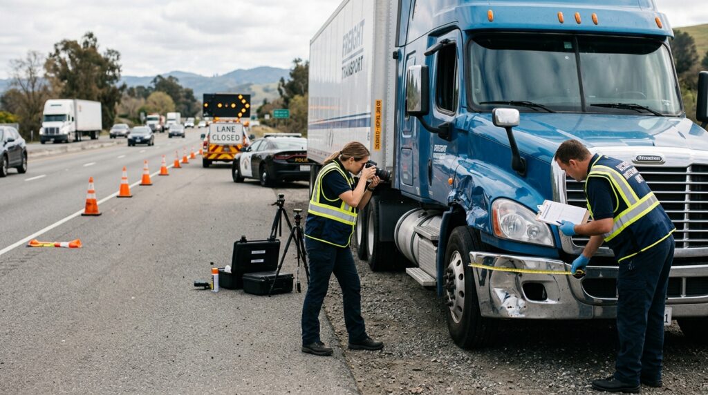 Investigators documenting a commercial truck collision beside a closed highway lane.