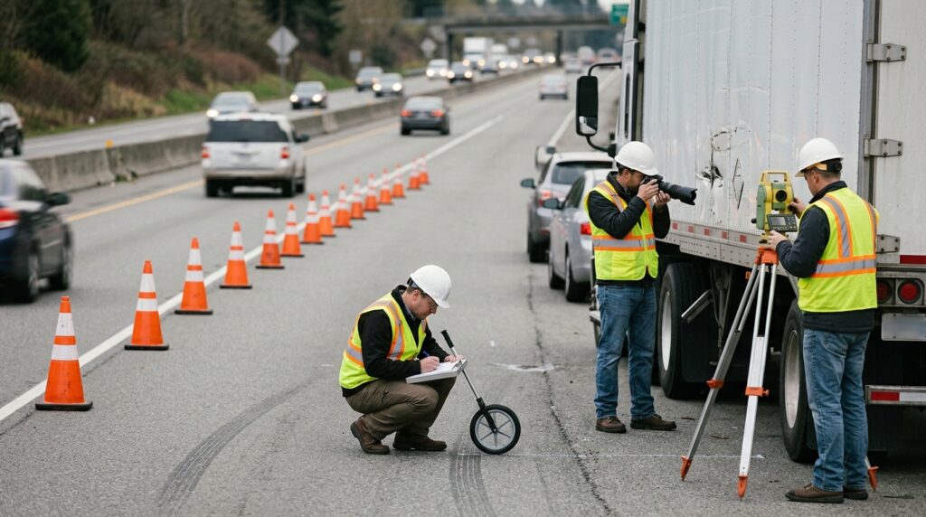 Investigators documenting a commercial truck collision beside a closed highway lane.