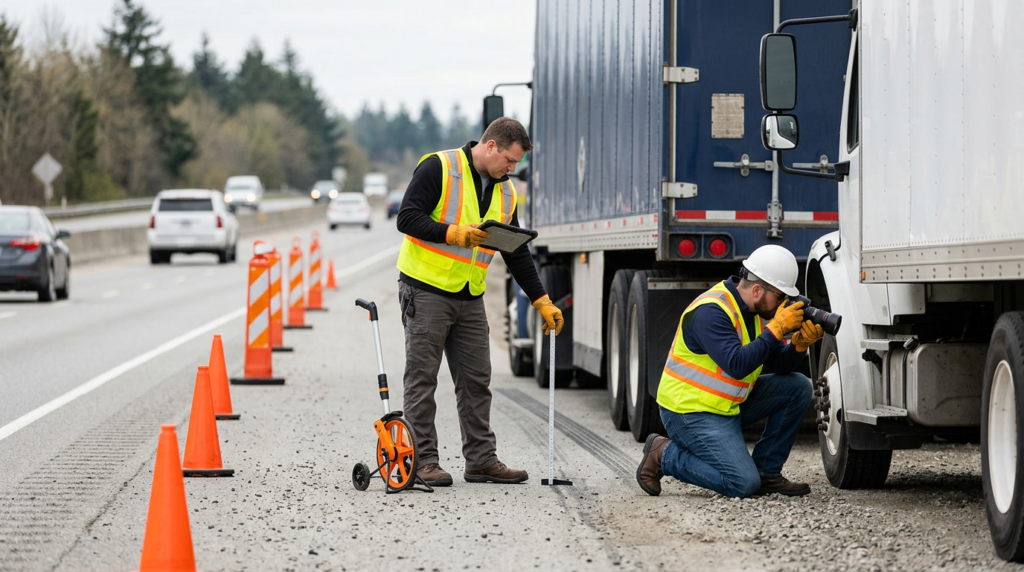 Investigators documenting a commercial truck collision beside a closed highway lane.