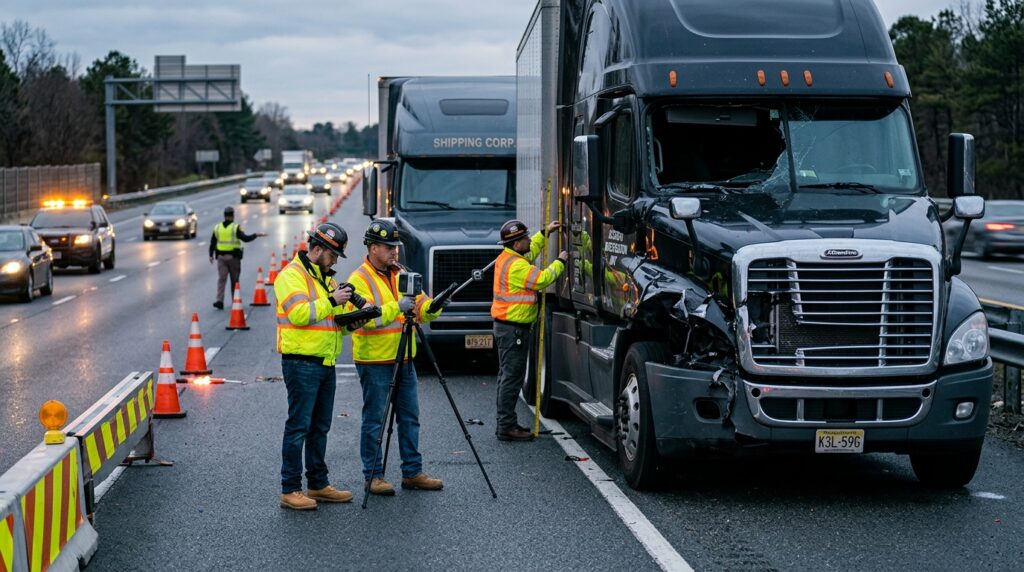 Investigators documenting a commercial truck collision beside a closed highway lane.