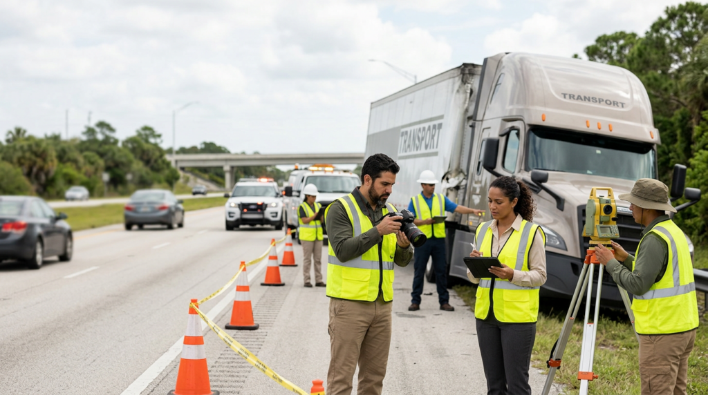 Investigadores documentando una colisión de camión comercial junto a un carril de carretera cerrado en Florida.