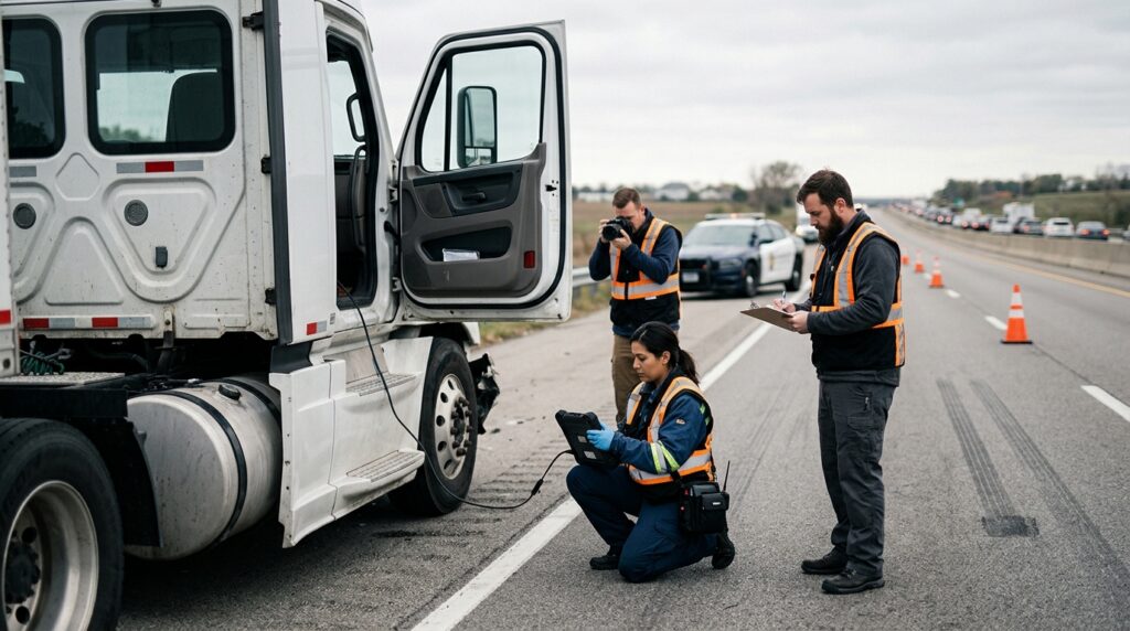 Investigators documenting a commercial truck collision beside a closed highway lane.