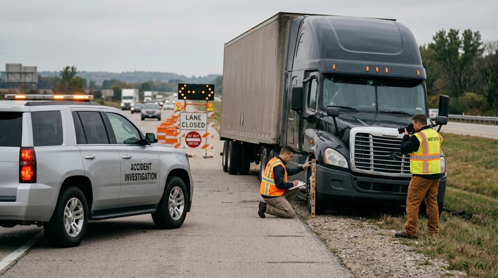 Investigators documenting a commercial truck collision beside a closed highway lane.