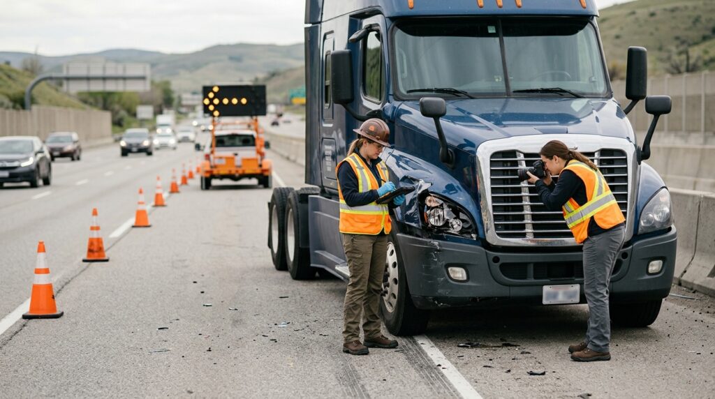Investigators documenting a commercial truck collision beside a closed highway lane.