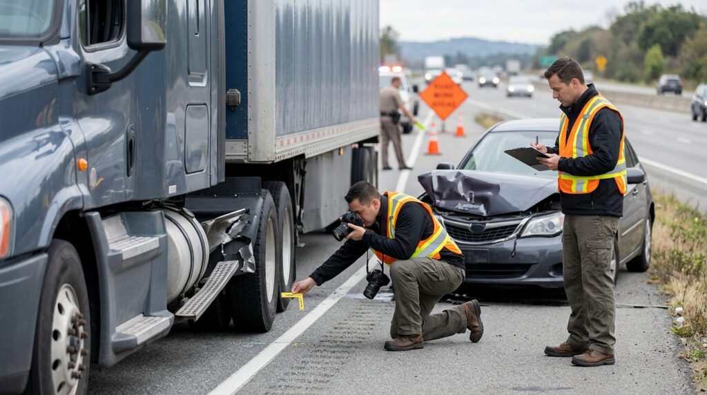Investigators documenting a commercial truck collision beside a closed highway lane.