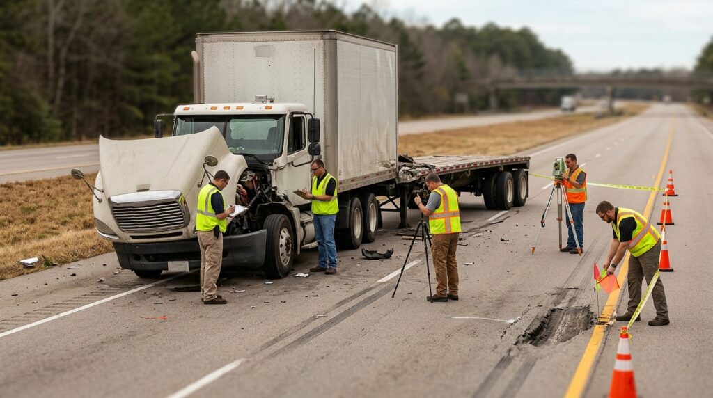 Investigators documenting a commercial truck collision beside a closed highway lane.