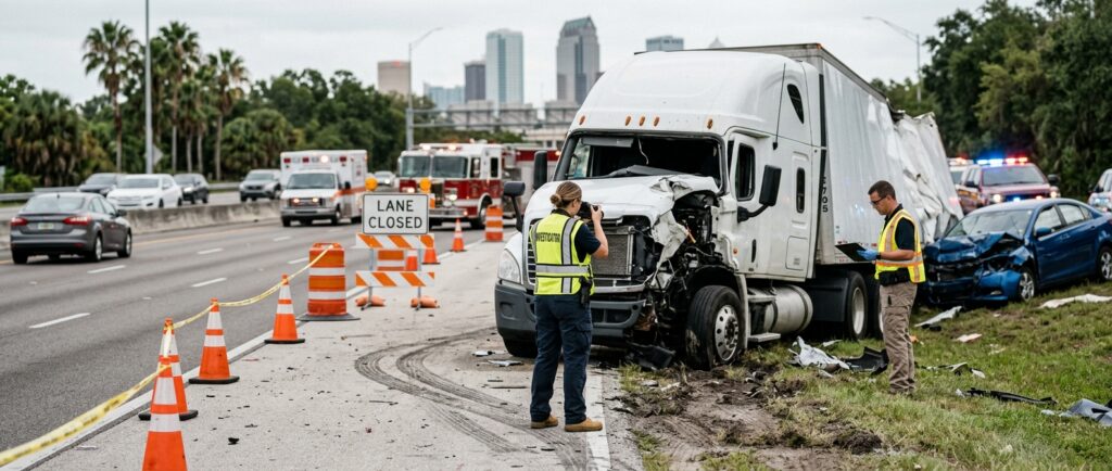 Investigators documenting a commercial truck collision beside a closed highway lane in Tampa.