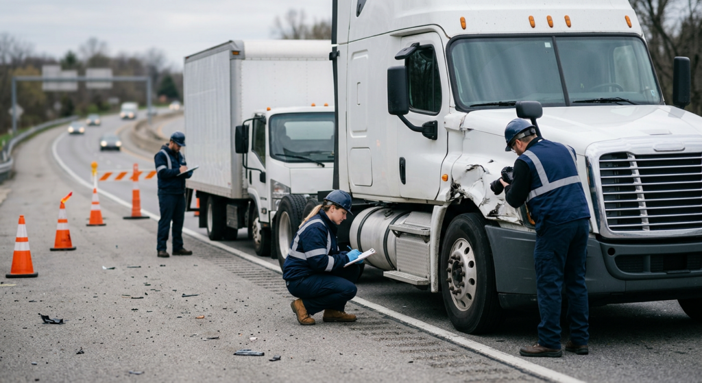 Investigators documenting a commercial truck collision beside a closed highway lane.