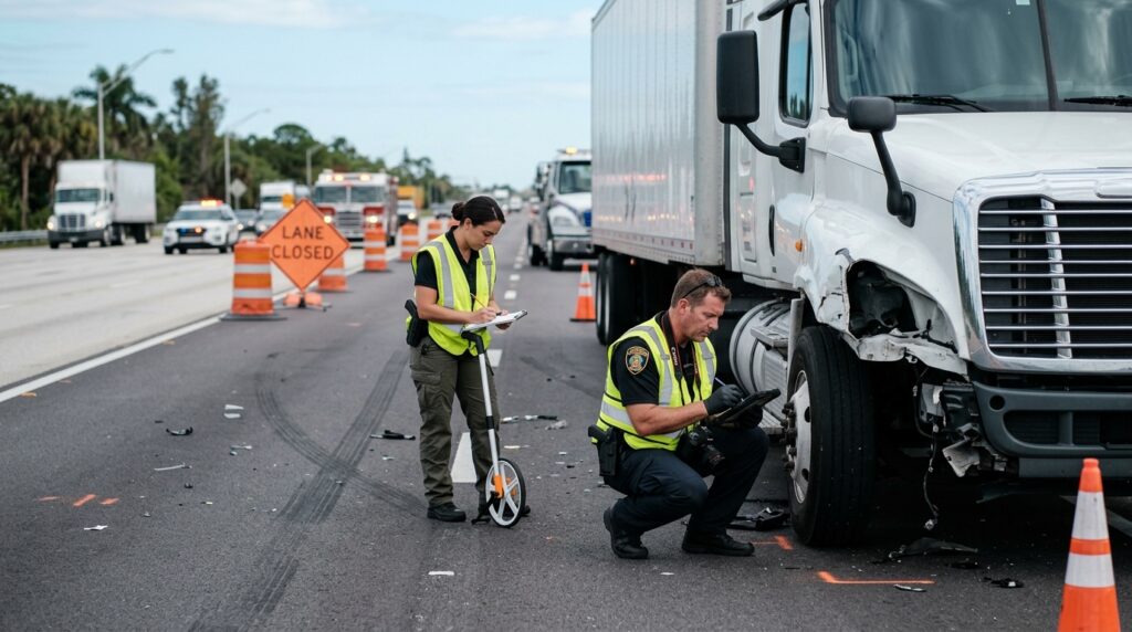 Investigators documenting a commercial truck collision beside a closed Florida highway lane.