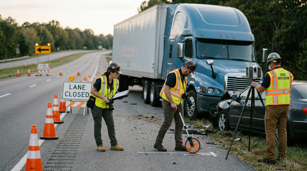 Investigators documenting a commercial truck collision beside a closed highway lane.
