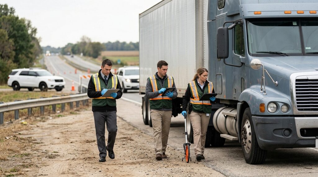 Investigators documenting a commercial truck collision beside a closed highway lane.