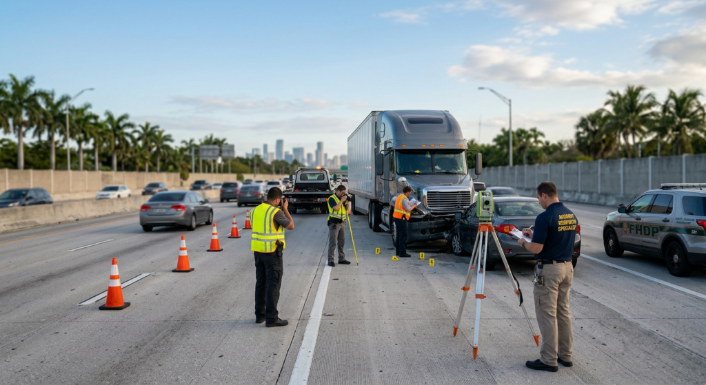 Investigators documenting a commercial truck collision beside a closed highway lane.