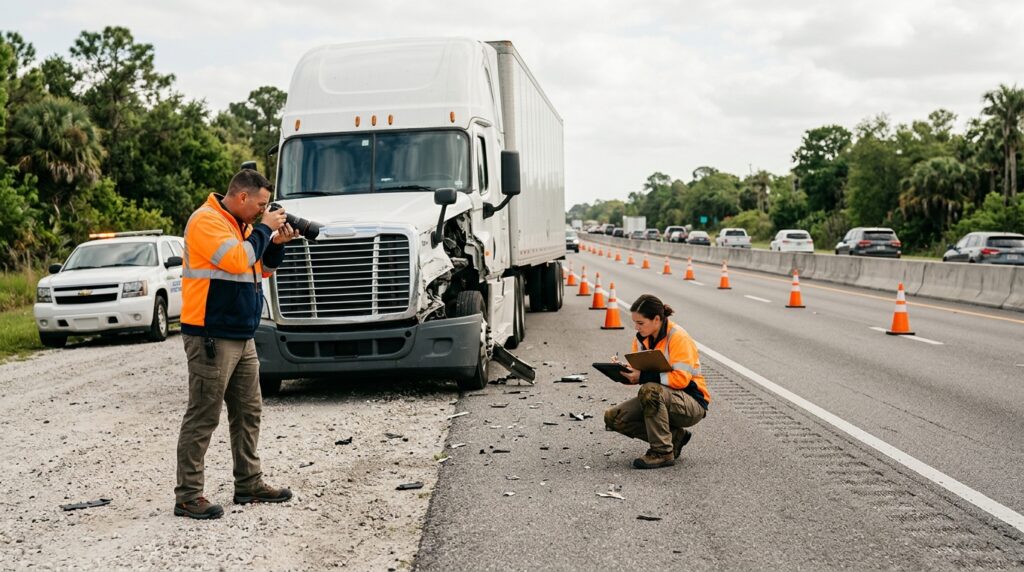 Investigators documenting a commercial truck collision beside a closed Florida highway lane.