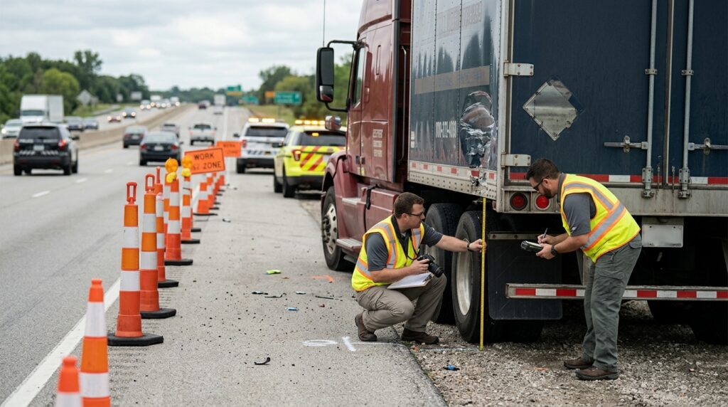 Investigators documenting a commercial truck collision beside a closed highway lane.