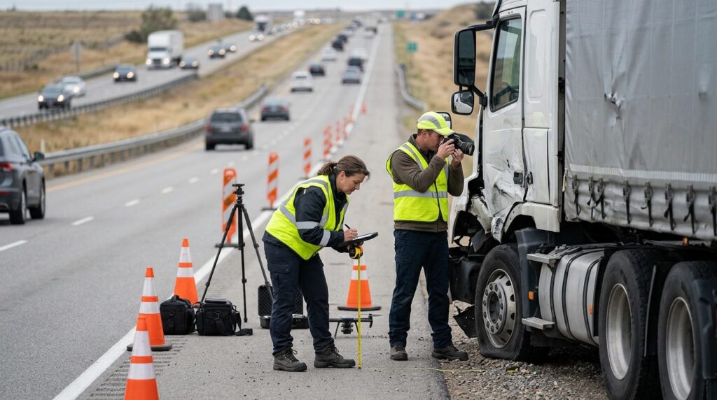 Investigators documenting a commercial truck collision beside a closed highway lane.
