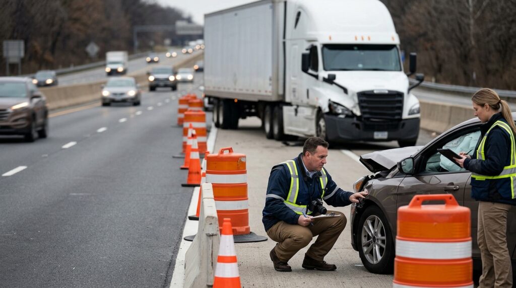 Investigators documenting a commercial truck collision beside a closed highway lane.