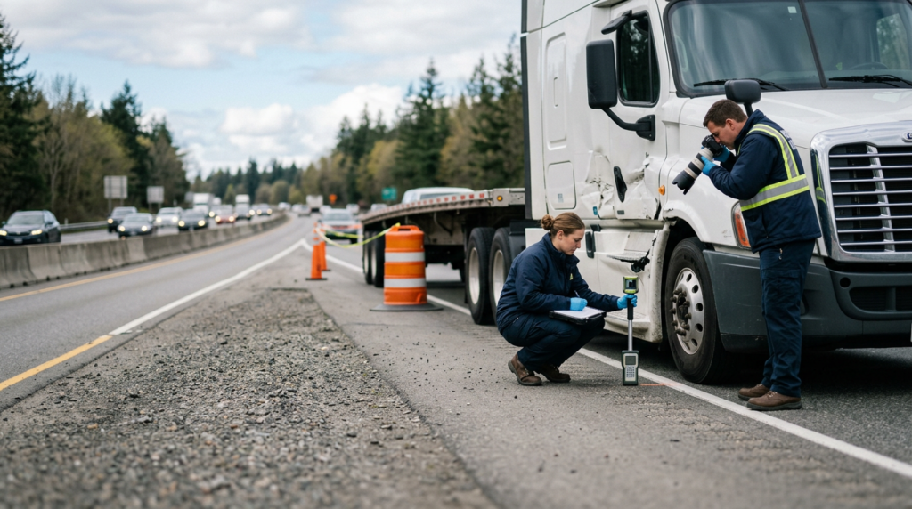 Investigators documenting a commercial truck collision beside a closed highway lane.