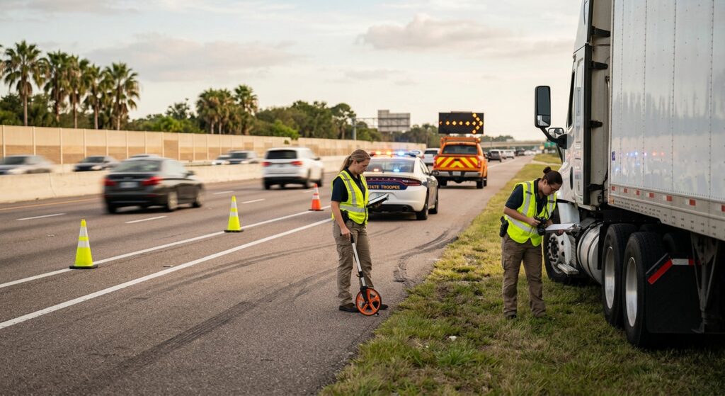 Investigators documenting a commercial truck collision beside a closed highway lane.