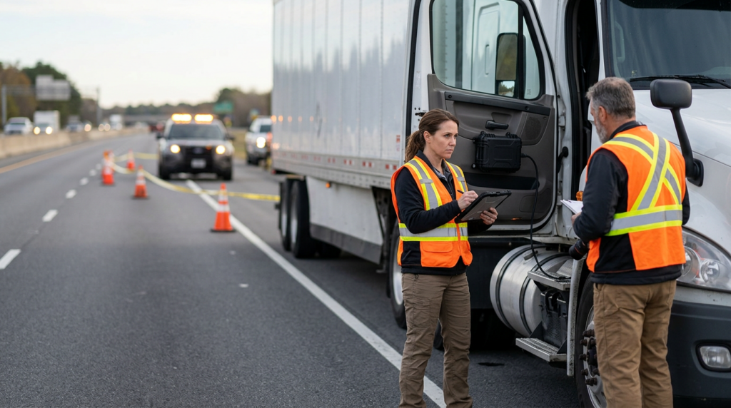 Investigators documenting a commercial truck collision beside a closed highway lane.