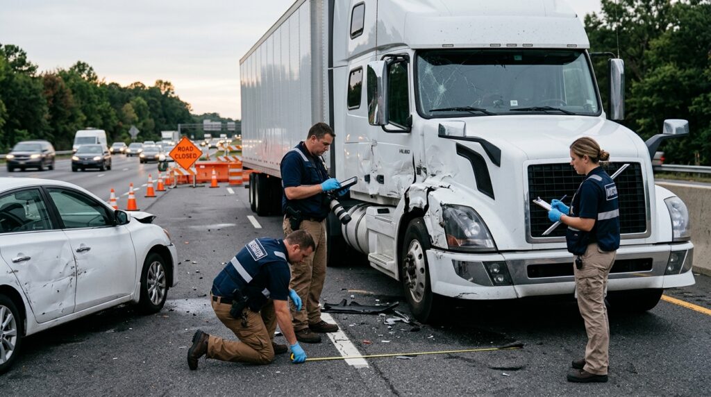 Investigators documenting a commercial truck collision beside a closed highway lane.