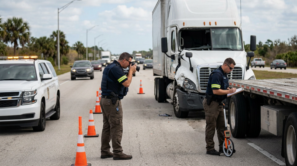 Investigators documenting a commercial truck collision beside a closed highway lane in Florida.