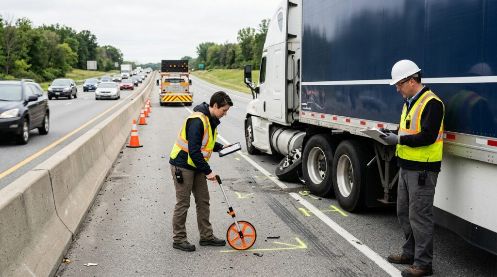 Investigators documenting a commercial truck collision beside a closed highway lane.