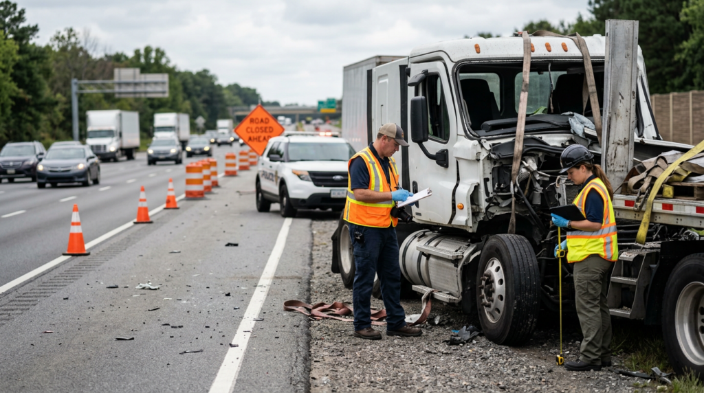 Investigators documenting a commercial truck collision beside a closed highway lane.