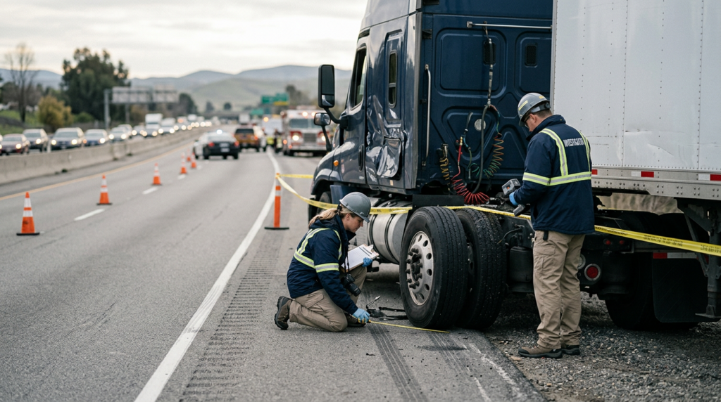 Investigators documenting a commercial truck collision beside a closed highway lane.
