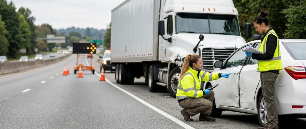 Investigators documenting a commercial truck collision beside a closed highway lane.