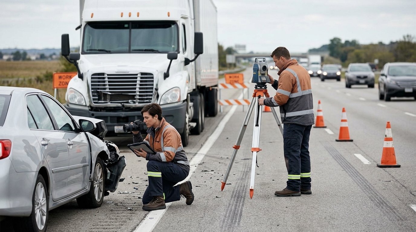 Investigators documenting a commercial truck collision beside a closed highway lane.