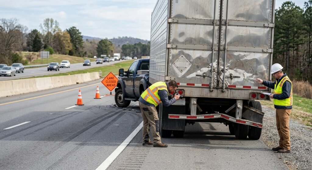 Investigators documenting a truck collision beside a closed highway lane.