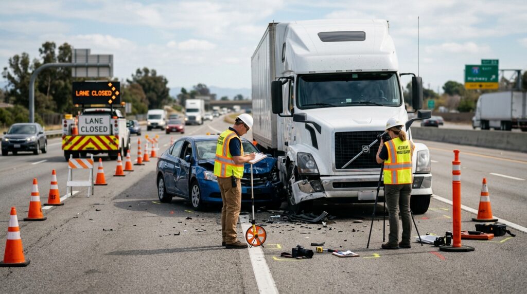 Investigators documenting a truck collision beside a closed highway lane.