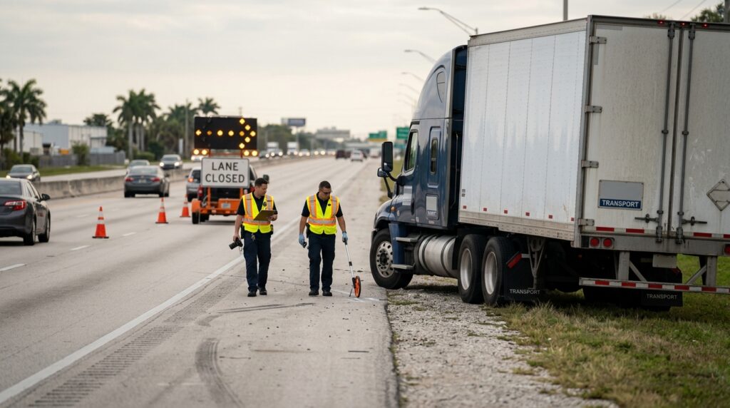 Investigators documenting a truck collision beside a closed highway lane.