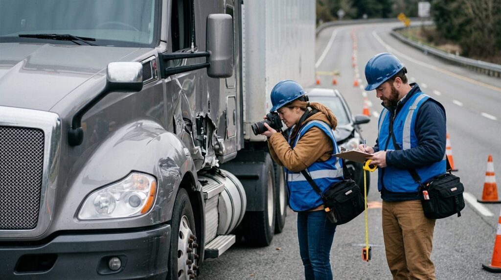 Investigators documenting two collided commercial trucks beside a closed highway lane.