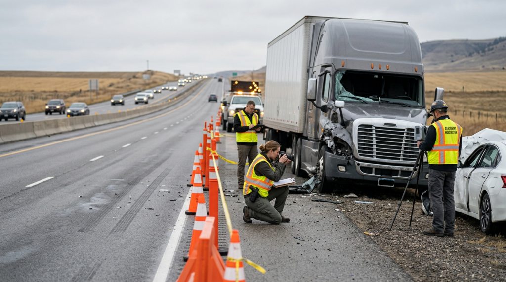 Investigators documenting vehicles at a commercial truck collision beside a closed highway lane.