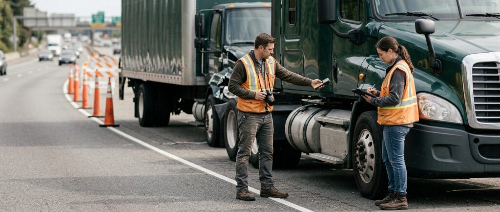 Investigators documenting vehicles beside a closed highway lane after a commercial truck collision.