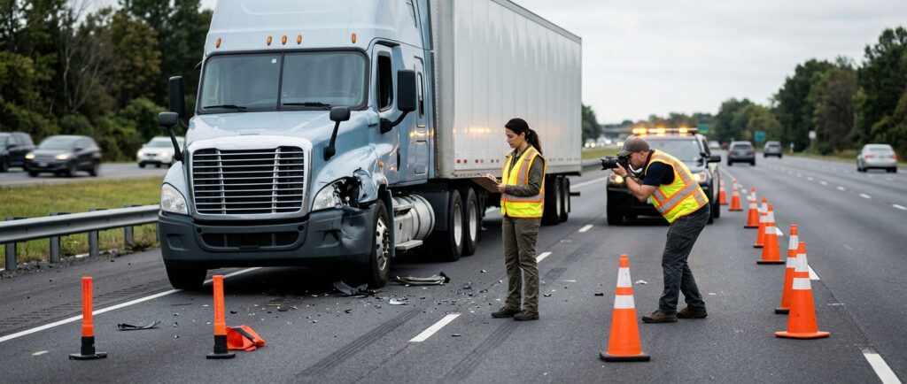 Investigators documenting a commercial truck collision beside a closed highway lane.