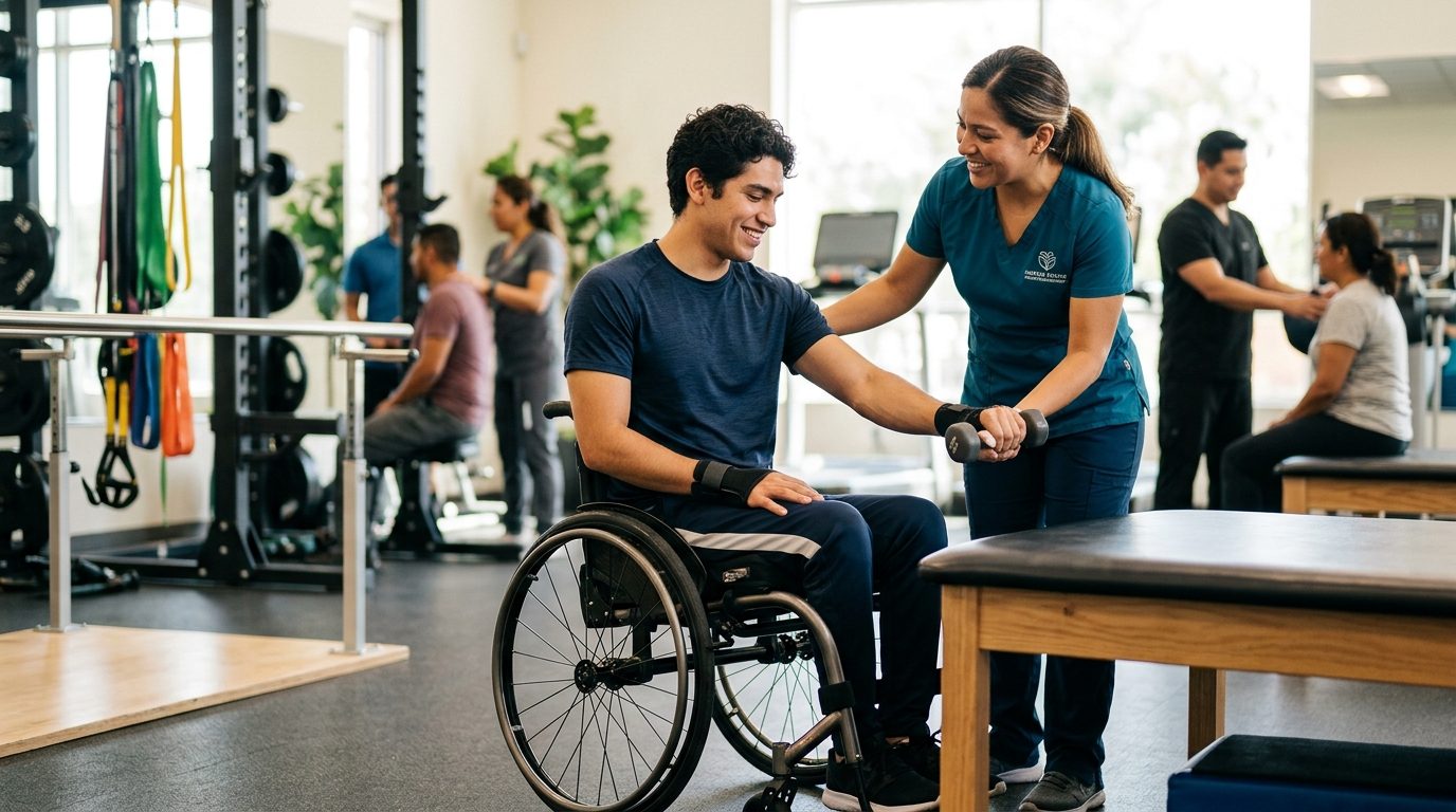 Joven adulto en silla de ruedas durante sesión de rehabilitación con fisioterapeuta en gimnasio.