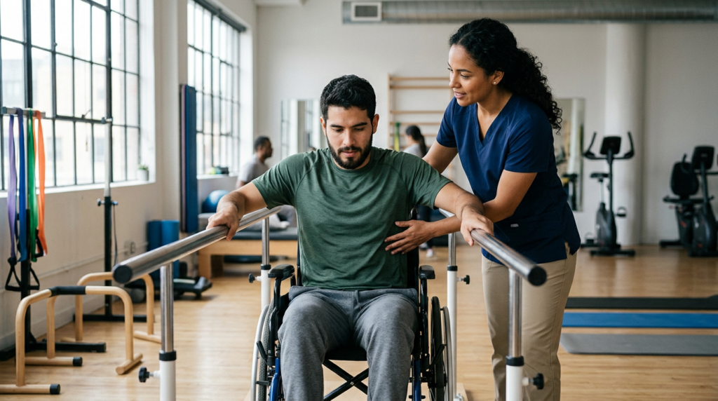Joven en silla de ruedas con fisioterapeuta en gimnasio de rehabilitación de lesiones medulares.
