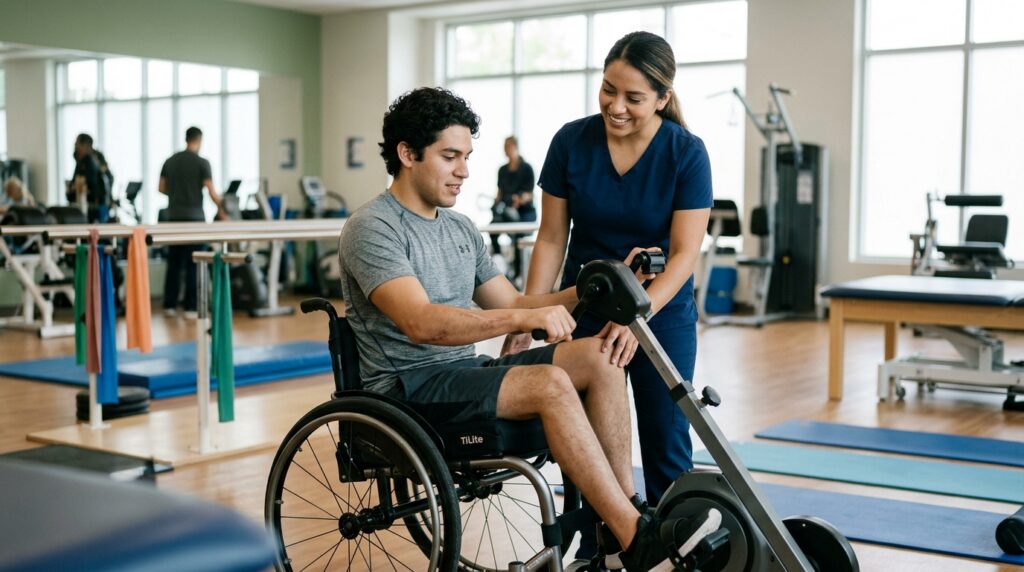 Joven en silla de ruedas con fisioterapeuta en gimnasio de rehabilitación por lesión medular.