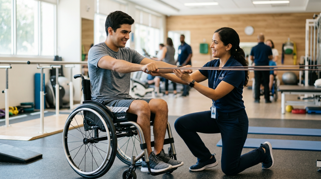 Joven en silla de ruedas con fisioterapeuta en gimnasio de rehabilitación de lesión medular.